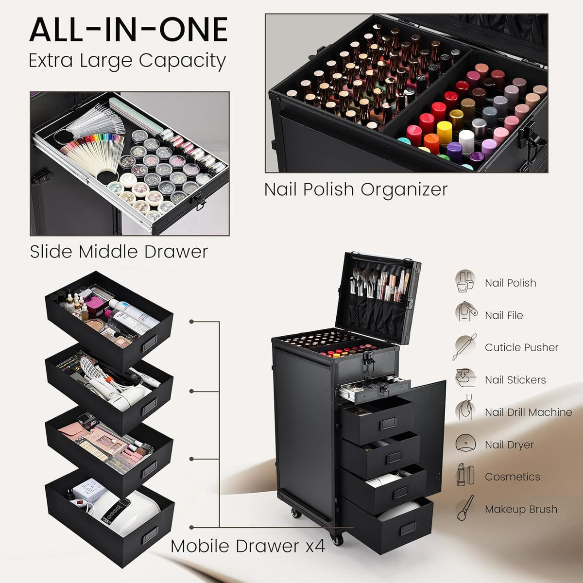 Rolling Manicure Table Foldable Nail Table Makeup Train Case on Wheels Cosmetic Trolley with 5 Drawers & Brush Pouch for Technician Workstation Salon