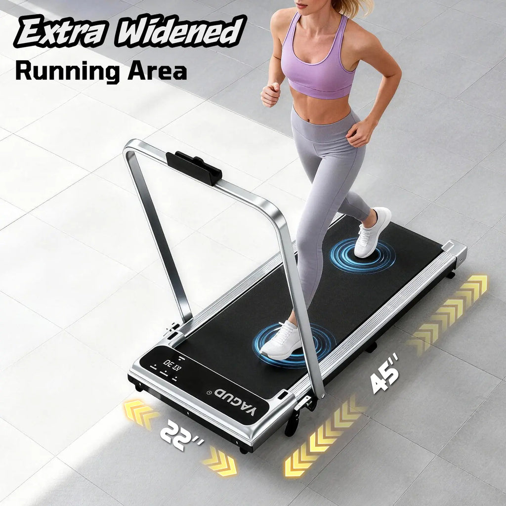 YAGUD Folding Treadmill with Colorful Handrails, Upgraded Low-Noise Motor, 265lbs Capacity, Dual Shock Absorption, Remote & Transport Wheels, Bonus Resistance Bands SpringStatements