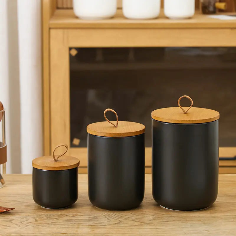 3-Piece Ceramic Canister Set - Reusable Airtight Bamboo Leather Handle Lids Leakproof Containers, Multifunctional Preserving Boxes for Coffee, Tea, Sugar, Spice, Kitchen Countertop Decor, Ideal for Wife