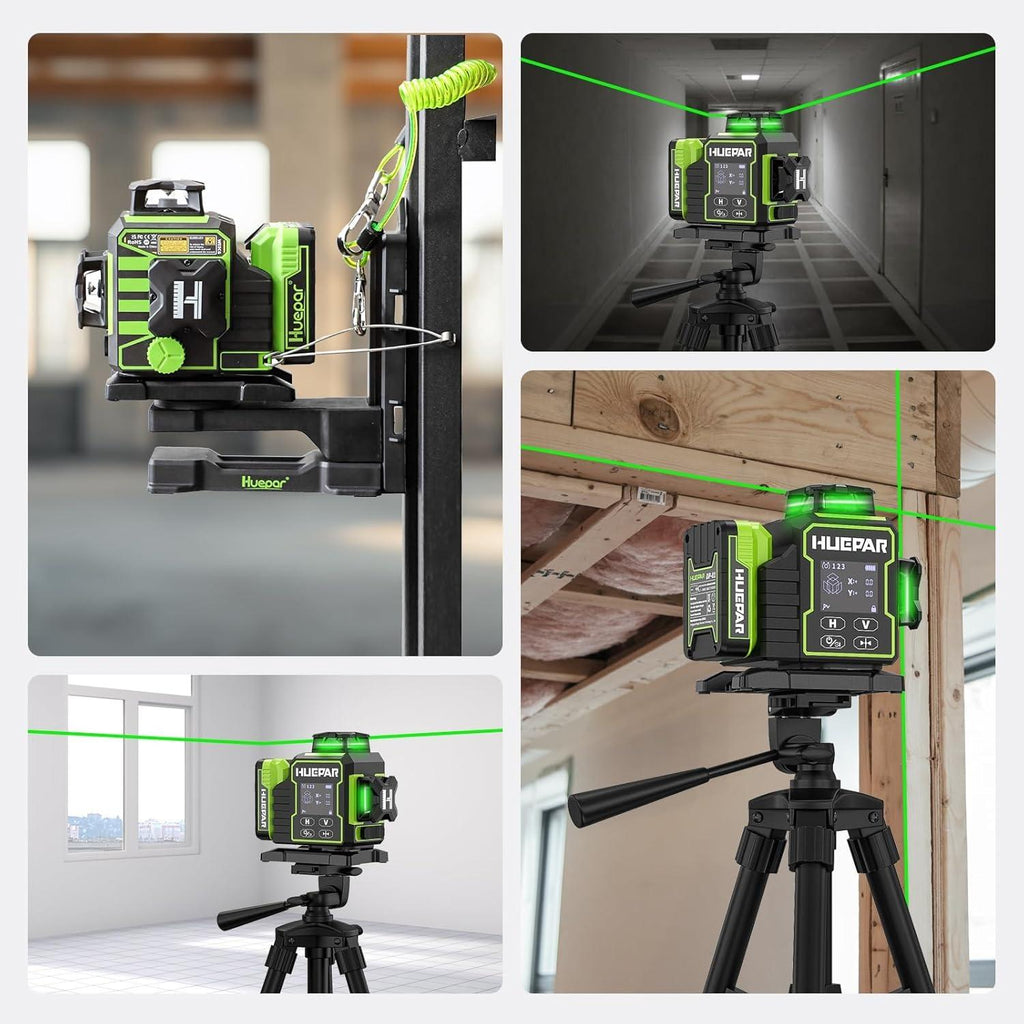 Huepar 2026 New Construction Laser Level 3x360 Self Leveling, 3D 12 Lines Bluetoothed Laser Level with Electric Rotating Base ＆ Large LCD Screen, 3 Planes Green Cross Lazer Leveler Tool W03CG