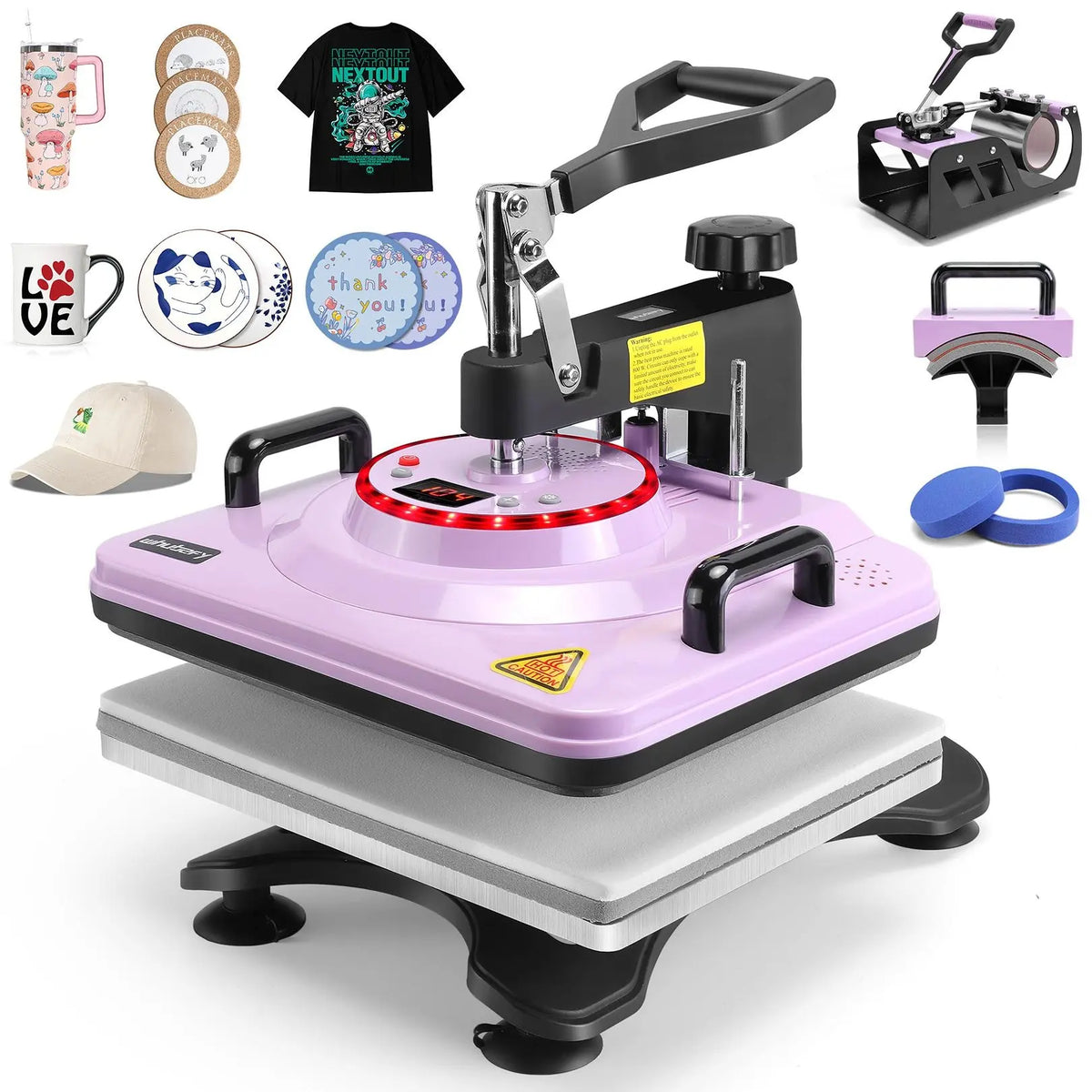 AKEYDIY Purple 5-in-1 Combo Heat Press Machine, 12" x 15" Industrial Swing Away with Digital LCD Control & Dual Tube, Sublimation Heat Transfer for Shirts/Mugs/Caps (DIY Supplies)