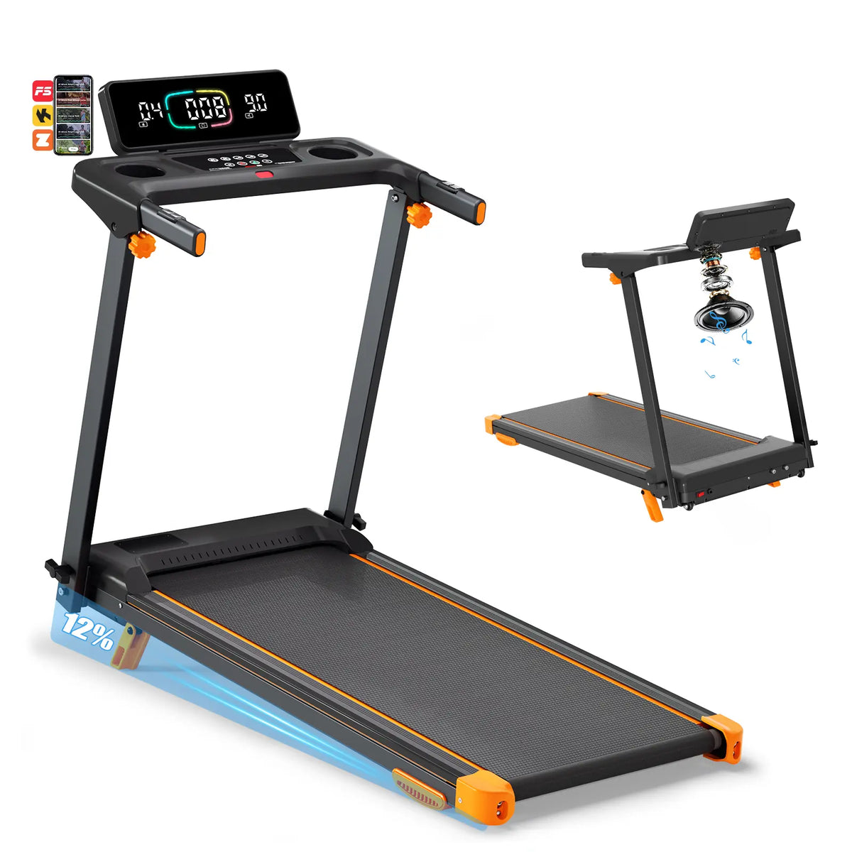 Foldable Compact Treadmill & Walking Pad - 330lb Capacity, Incline, Cushioned Belt, HD Display with Heart Rate & Calorie Tracking, App Route Guidance & Bluetooth Speaker, Home Office Friendly