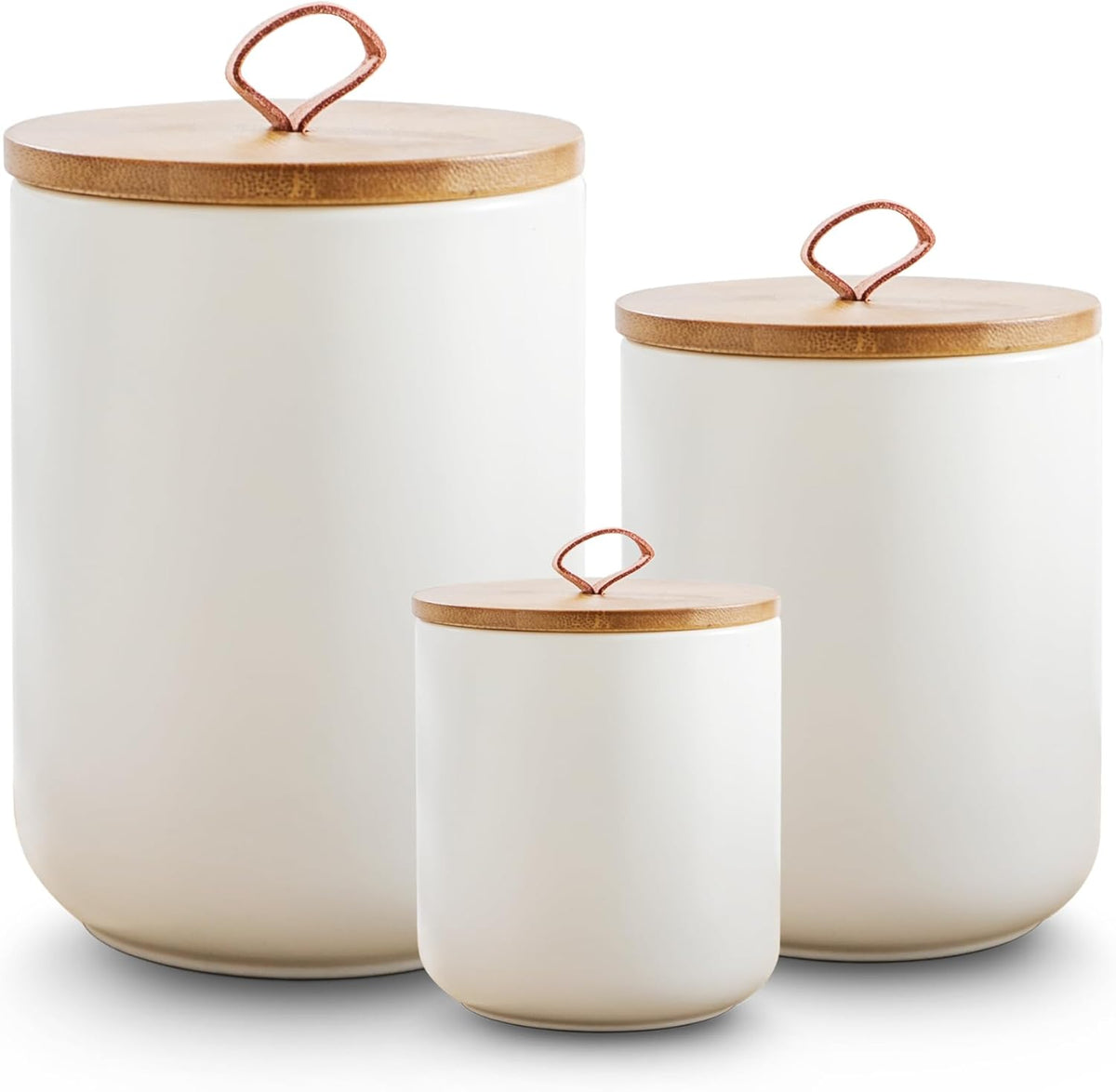 3-Piece Ceramic Canister Set - Reusable Airtight Bamboo Leather Handle Lids Leakproof Containers, Multifunctional Preserving Boxes for Coffee, Tea, Sugar, Spice, Kitchen Countertop Decor, Ideal for Wife