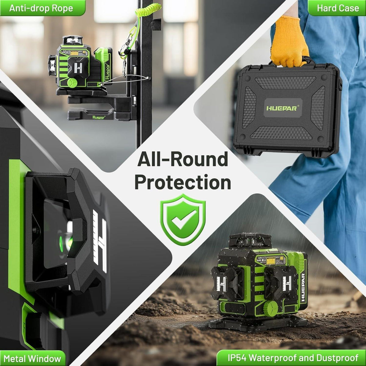 Huepar 2026 New Construction Laser Level 3x360 Self Leveling, 3D 12 Lines Bluetoothed Laser Level with Electric Rotating Base ＆ Large LCD Screen, 3 Planes Green Cross Lazer Leveler Tool W03CG