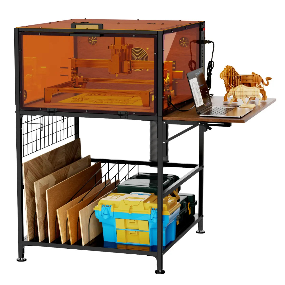 Indoor Metal Frame Laser Engraver Enclosure Cabinet (W26xD29xH14"), 6000 RPM Ventilation Fan, Power Strip, Foldable Side Panels, Storage, Eye Protection for Home Users’ Engraving Work & Most Laser Cutters, 58.20 Lbs