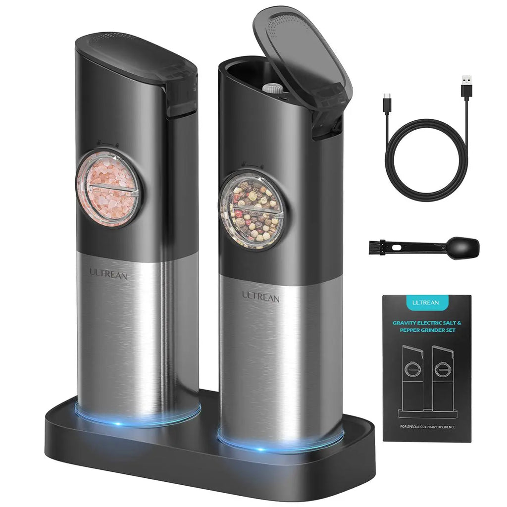 Ultrean 2pcs Sturdy Compact Rechargeable Electric Salt & Pepper Grinder Set, Stainless Steel Kitchen Seasoning Utensils for Everyday Use, Adjustable Coarseness, Auto Dust Lids, LED 1-Hand Operation