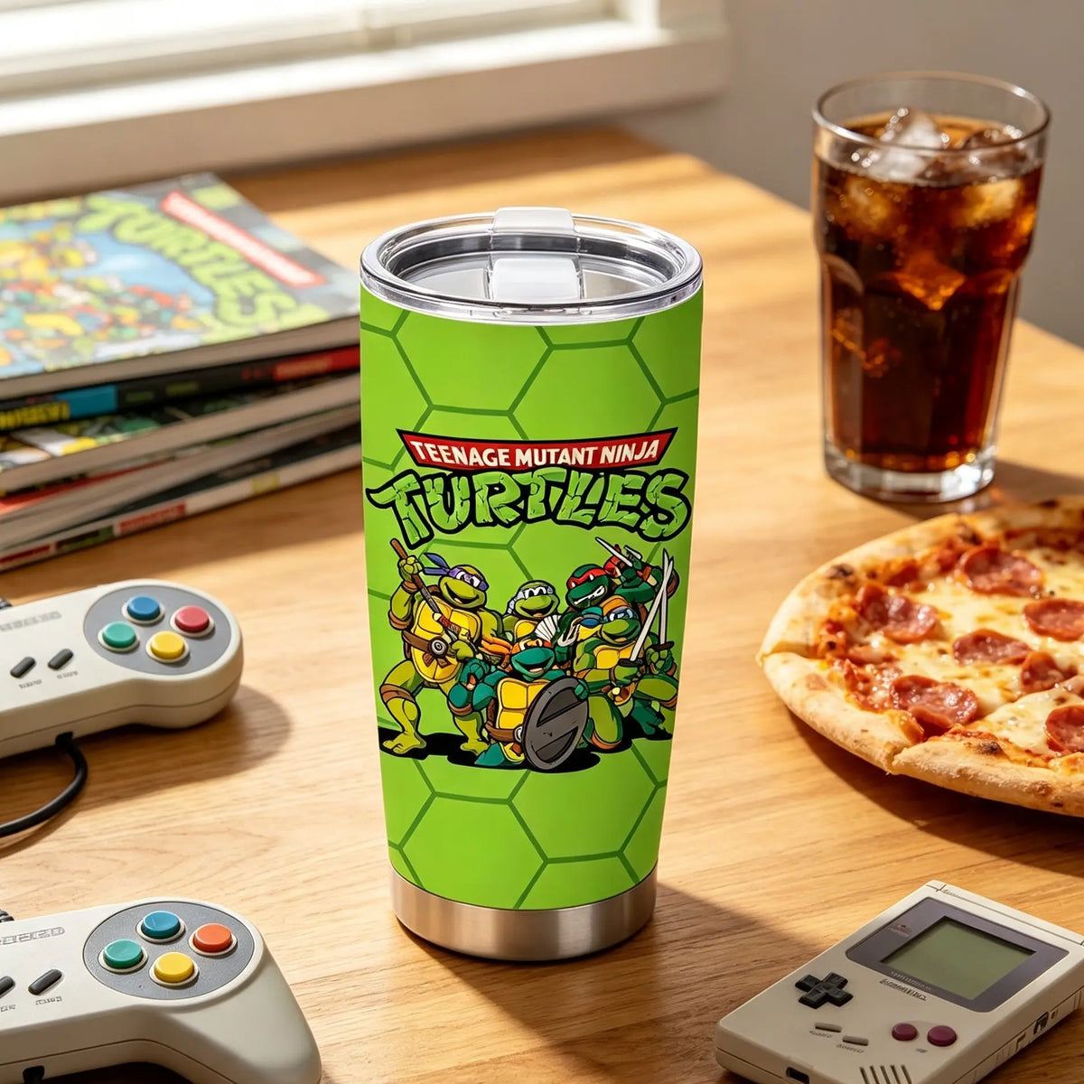 1 Pc 20oz insulated mug, Insulated travel tumbler, double wall, leak proof, with handle and lid, skinny design, for hot cold drinks, keep hot 12h cold 24h, Teenage Mutant Ninja Turtles print, gift for kids teens, tumbler, Insulated Tumblers