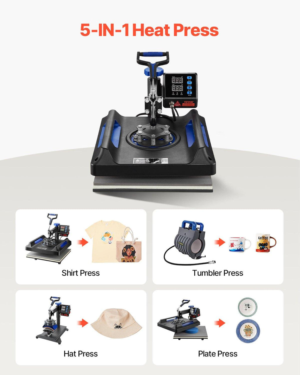 VEVOR 5-in-1 Heat Press Kit, 15x15in 360° Swing Away Hand Tool, 1000W Digital Display Control, Quick Heating, Anti-Burn Safety, Non-Stick Coated, 20.07x15.75x18.51in, Ideal for T-Shirts, Hats, Caps, Mugs
