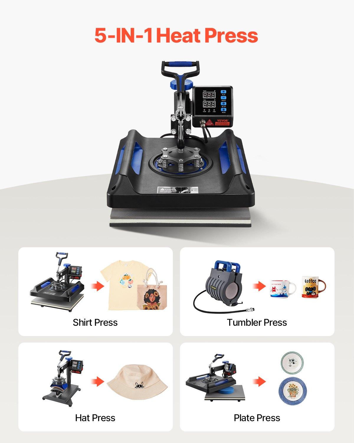 VEVOR 5-in-1 Heat Press Kit, 15x15in 360° Swing Away Hand Tool, 1000W Digital Display Control, Quick Heating, Anti-Burn Safety, Non-Stick Coated, 20.07x15.75x18.51in, Ideal for T-Shirts, Hats, Caps, Mugs
