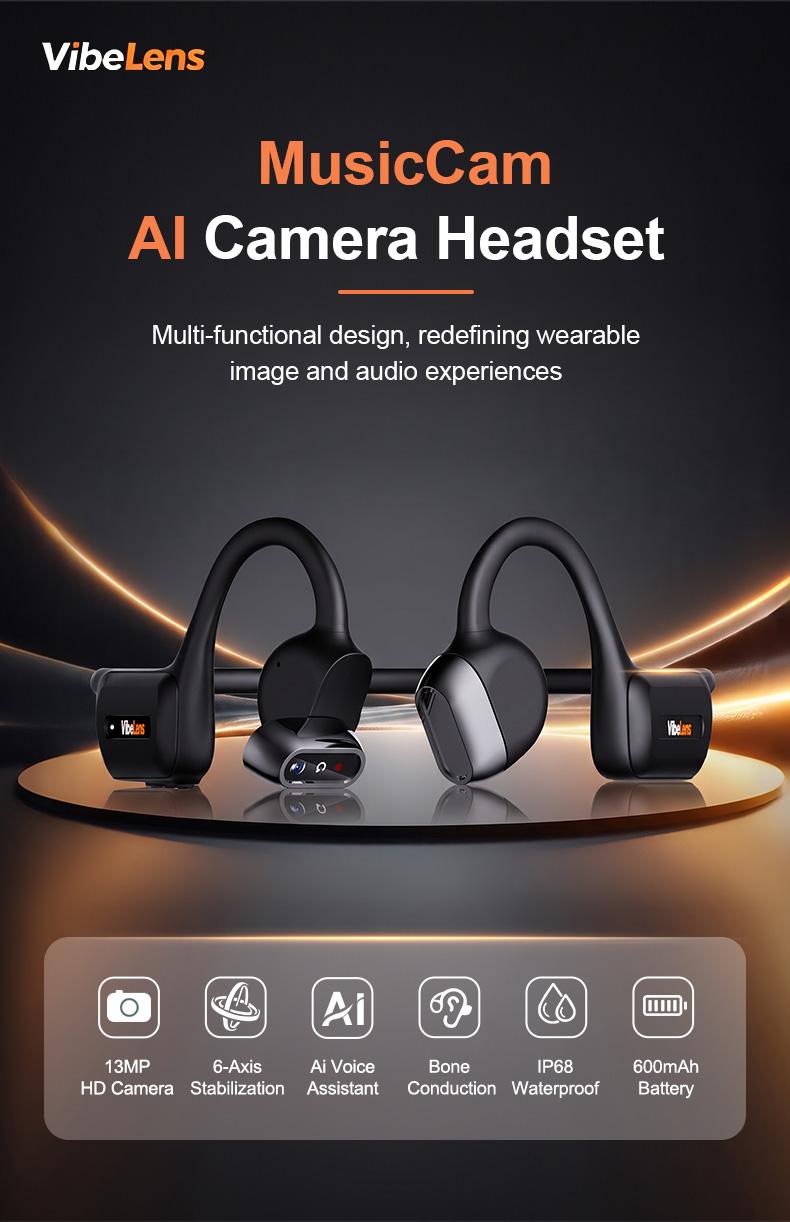 VibeLens Bone Conduction Headphones with 4K POV Camera, Hands-Free POV Video Recording, 6-Axis Image Stabilization, Open-Ear Bluetooth Sports Headset with AI Voice Assistant, Offline Music Playback, IP68 Waterproof for Swimming, Cycling and Travel