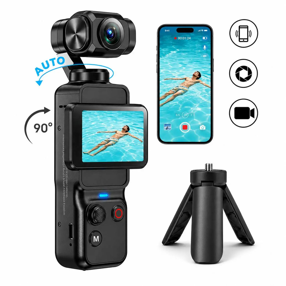 5K Vlogging Action Camera, 13MP 2-Axis Gimbal with 270° Auto Rotation, Face Tracking, 90° Rotatable 2.2" Touchscreen, WiFi 4, App Control, Portrait Beauty Mode, 2600mAh Battery for Travel & Content Creation