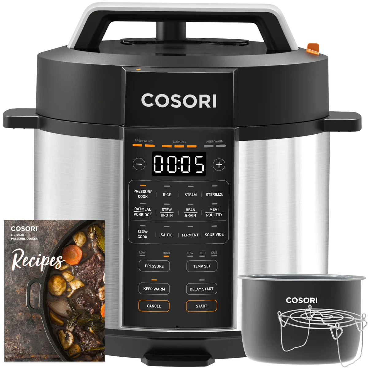 [live]COSORI 6-Qt Electric Aluminum Pressure Cooker - 9-in-1 Multifunction Appliance for 1-Pot Meals, Rice, Sauté, Sous Vide, Sterilizer, 1100W, Stainless Steel, Recipe Book, SohoChic Kitchen Appliances