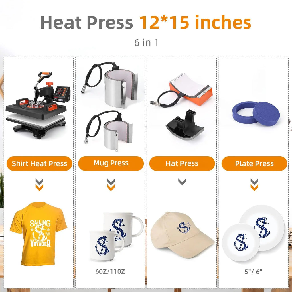 Gaomon 12x15 in Teflon-Coated 6-in-1 800W Heat Press Machine - 360° Swing Arm, Dual Tube, 210℃ Control Digital Industrial Sublimation Machine for Customizable T-Shirts, Shoes