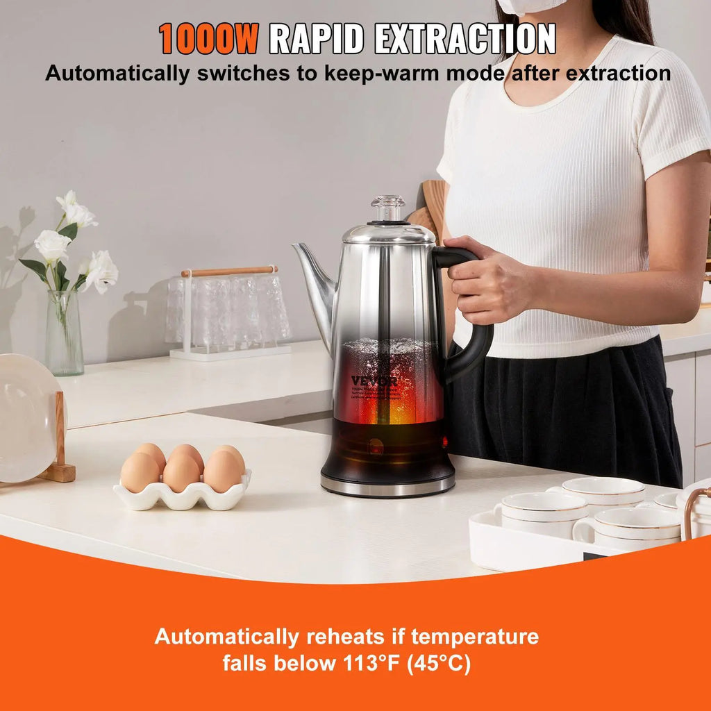 VEVOR 12-Cup 304 Stainless Steel Electric Percolator Coffee Pot - Coffee Brewer with Corrosion Resistance, Keep-Warm Function, Heat Resistant Handle, Easy-Pour Spout, Quick Brew for Kitchens, Dining Rooms