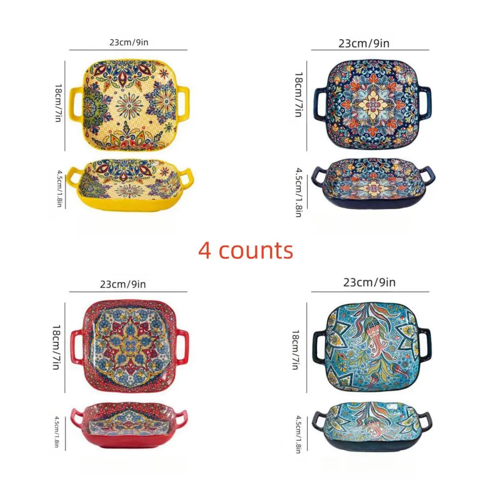 Bohemian Ceramic Square Serving Plates with Handle, 4 Counts/set Salad Plates for Home Kitchen and Dining Room Ceramics Plate #GLOBAL PICKS