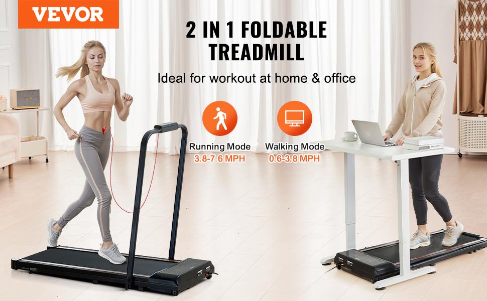 【toolupgrade】VEVOR 2-in-1 Under Desk Treadmill, 15.6"x42"/396x1065 mm Anti-Slip Surface Belt, 2.5HP Motor, 0.6-7.6 mph Walking/Run Speed, Shock Absorb, Collapseable Portable Pad, Handle Bar, Remote Control, LED Display, 265 Lbs Capacity for Home O...
