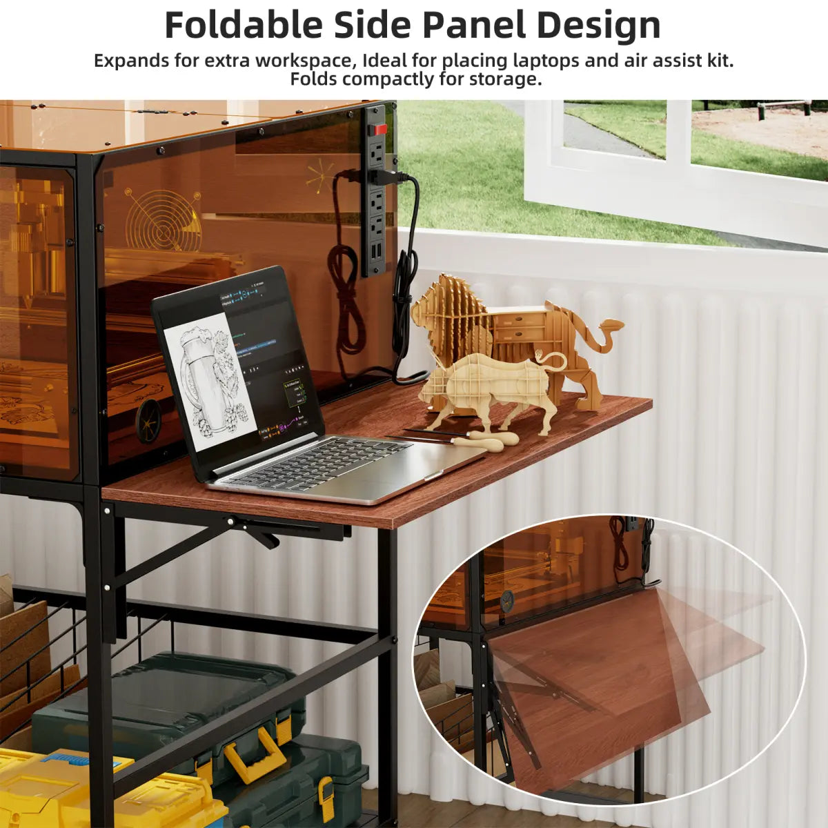 Indoor Metal Frame Laser Engraver Enclosure Cabinet (W26xD29xH14"), 6000 RPM Ventilation Fan, Power Strip, Foldable Side Panels, Storage, Eye Protection for Home Users’ Engraving Work & Most Laser Cutters, 58.20 Lbs
