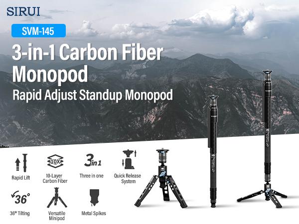 SIRUI SVM-145 Rapid Monopod with Feet, 57” Professional Carbon Fiber Camera Monopod, One-Step Rapid Height Adjustment, Lightweight Travel for DSLR Camera, Modular 3 in 1, Max Load 22lbs