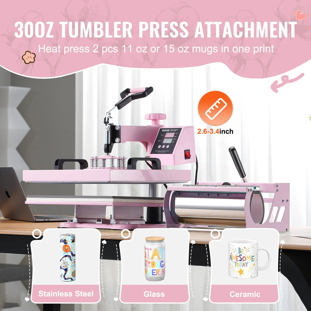 VEVOR Multifunction 5-in-1 Heat Press Machine, 15x15 in, 30 oz Dual Insulated Tumbler Press, Swing-Away Arm, Digital Control, 0–999s Timer, Pull-Out Drawer, for T-Shirts/Hats, Heat Transfer, Pink, Ideal for Beginners