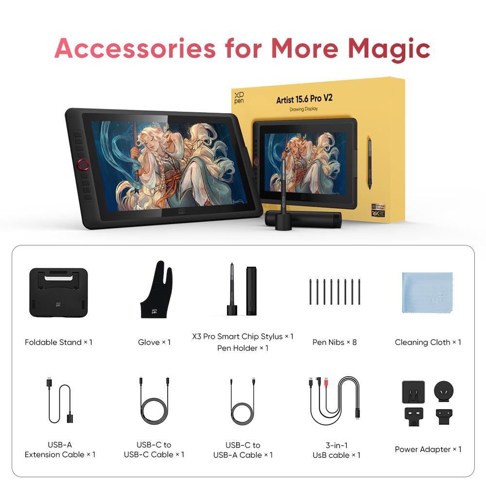 XPPen Artist 15.6 Pro V2 15.4-in Digital Drawing & Writing Tablet with X3 Pro Stylus (16384 Pressure Levels, 60° Tilt), Red Dial, Full-Lamination, Anti-Glare Film, Adjustable Stand, 3-in-1 Cable for PC, Mac, Linux, Android Devices (Port, Chip Incl...