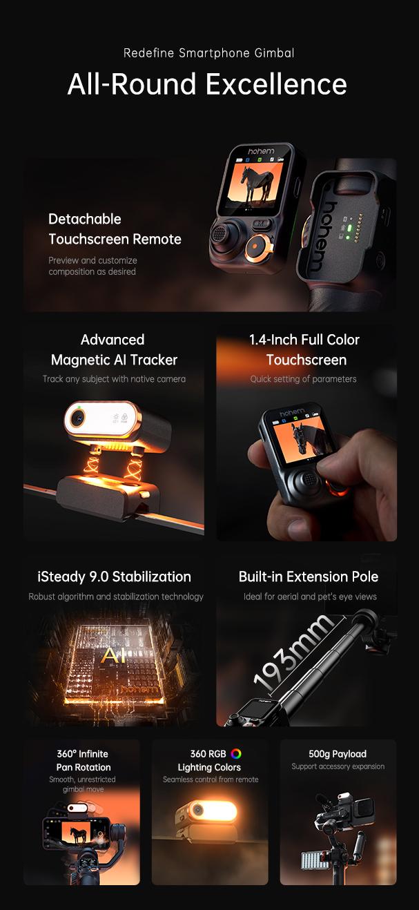 Hohem iSteady M7 Kit 3-Axis Camera Gimbal Stabilizer for iPhone/Android Smartphones, Mobile Phone Accessory for Content Creators with Magnetic Fill Light, AI Tracking Sensor, 1/4-inch Color Touchscreen Display, Detachable Remote, 500g Max Payload
