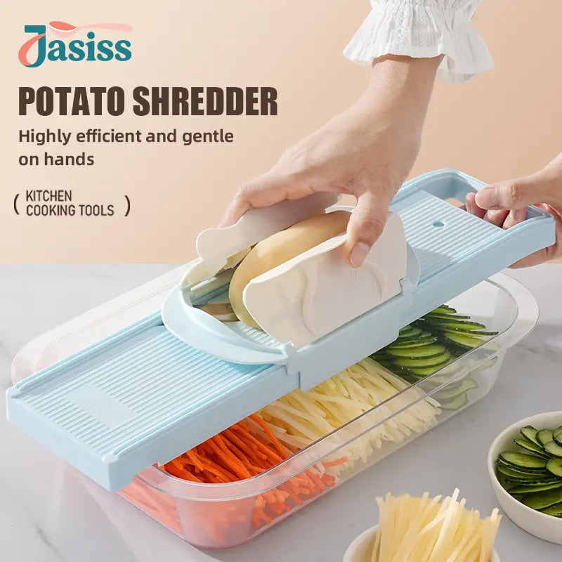 2-in-1 Multi-Function Handheld Slicer and Shredder, suitable for various vegetables and meats. Features two adjustable blades, easy to clean, ideal for both home and commercial use.