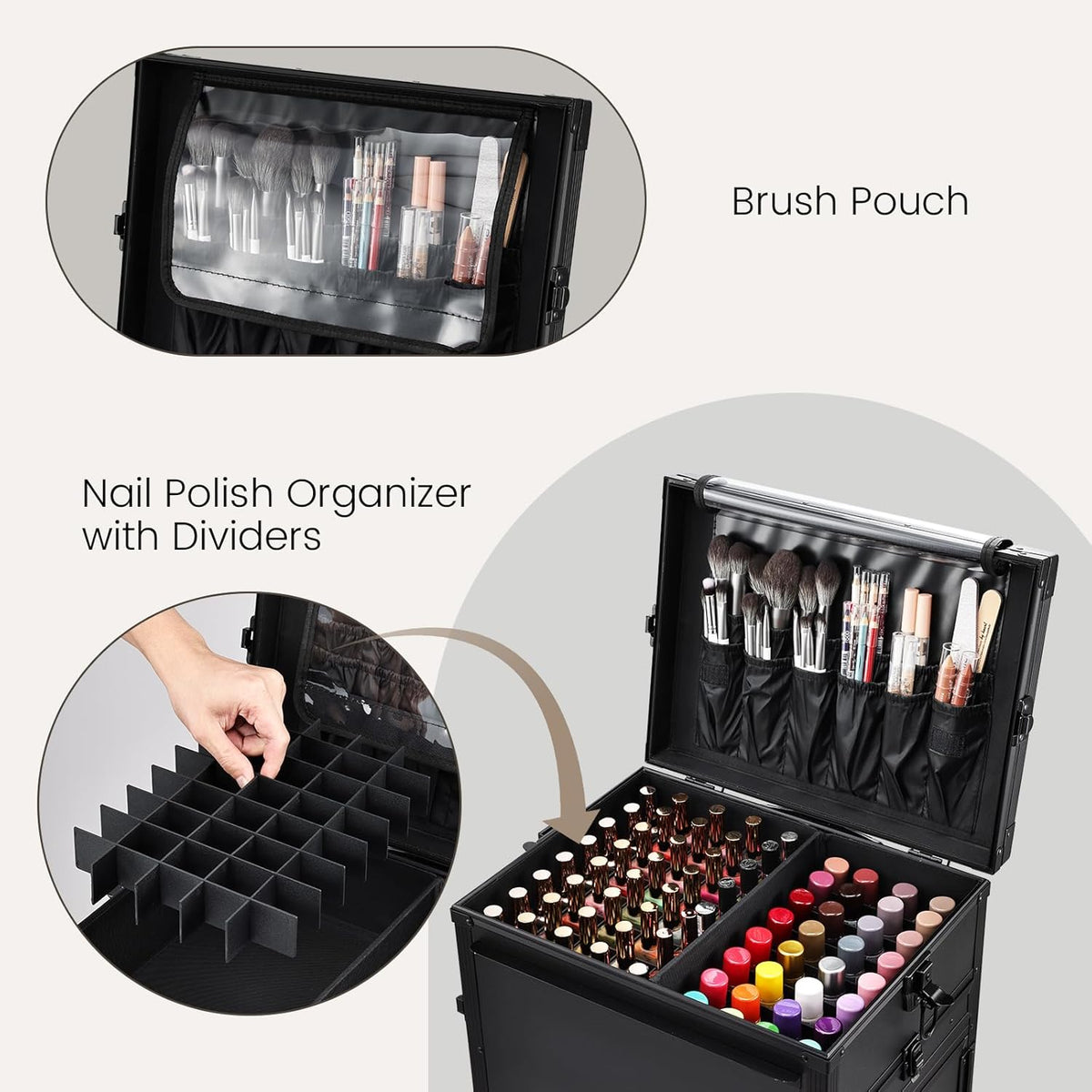 Rolling Manicure Table Foldable Nail Table Makeup Train Case on Wheels Cosmetic Trolley with 5 Drawers & Brush Pouch for Technician Workstation Salon
