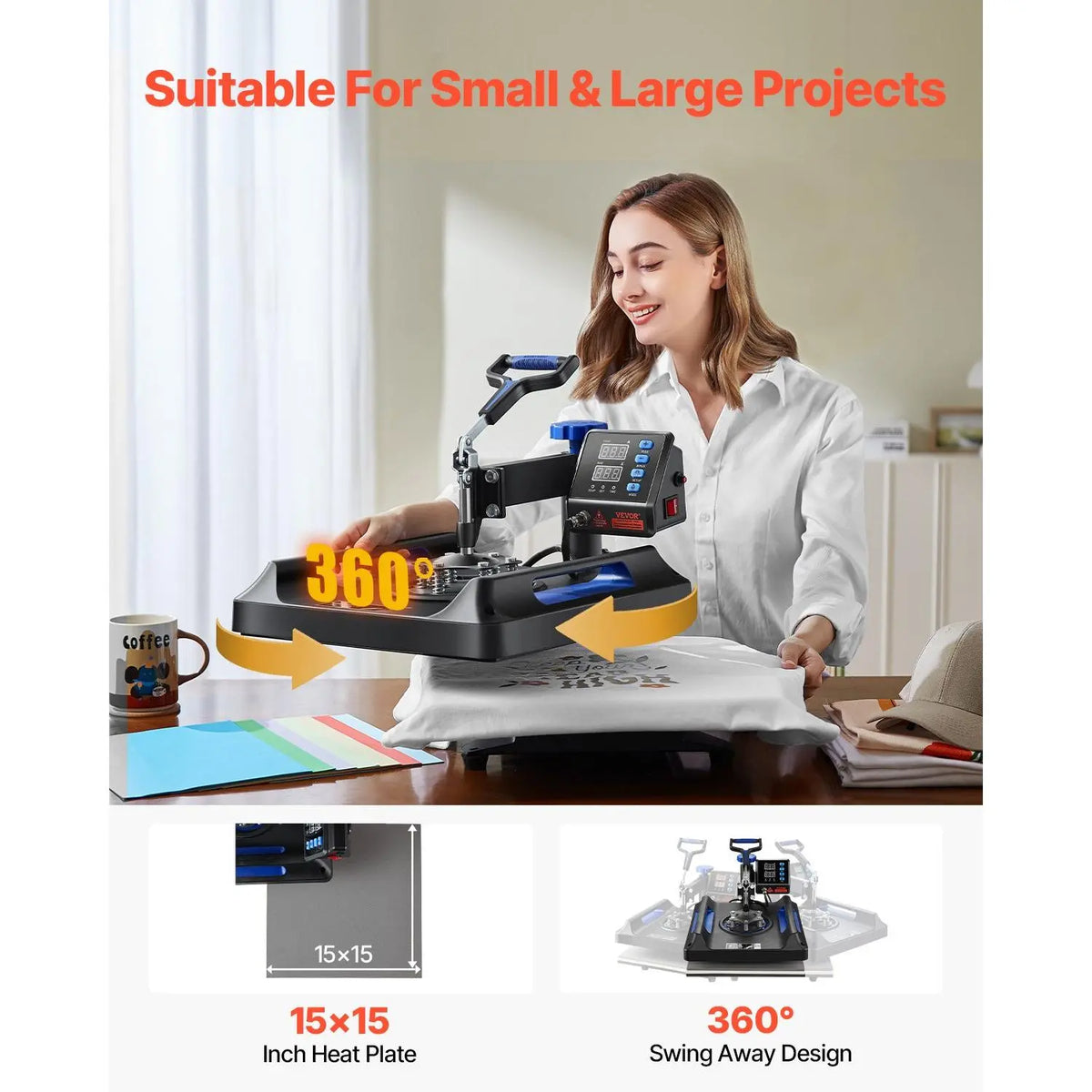 VEVOR 5-in-1 Heat Press Kit, 15x15in 360° Swing Away Hand Tool, 1000W Digital Display Control, Quick Heating, Anti-Burn Safety, Non-Stick Coated, 20.07x15.75x18.51in, Ideal for T-Shirts, Hats, Caps, Mugs