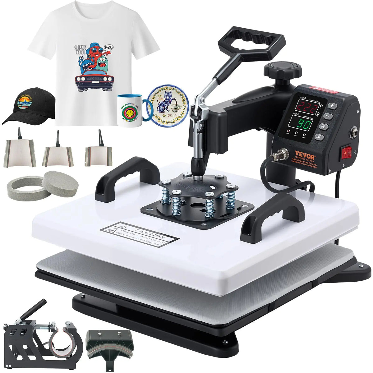 【Fallpicks】VEVOR 15 x 15 in 8-in-1 Multifunctional Heat Press Machine Kit, PTFE Coated, 360° Swing Away Design, Dual-Tube Fast Even Heat, Digital Controller, for T-Shirts, Mugs, Caps, Applying Letters (3D Printing Supplies)