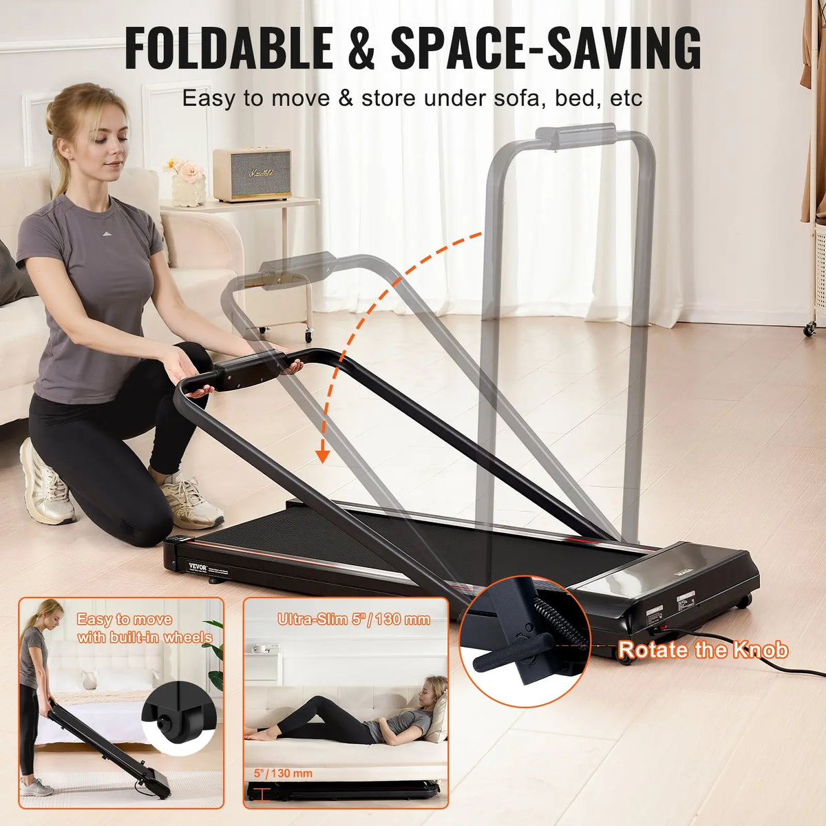 【toolupgrade】VEVOR 2-in-1 Under Desk Treadmill, 15.6"x42"/396x1065 mm Anti-Slip Surface Belt, 2.5HP Motor, 0.6-7.6 mph Walking/Run Speed, Shock Absorb, Collapseable Portable Pad, Handle Bar, Remote Control, LED Display, 265 Lbs Capacity for Home O...