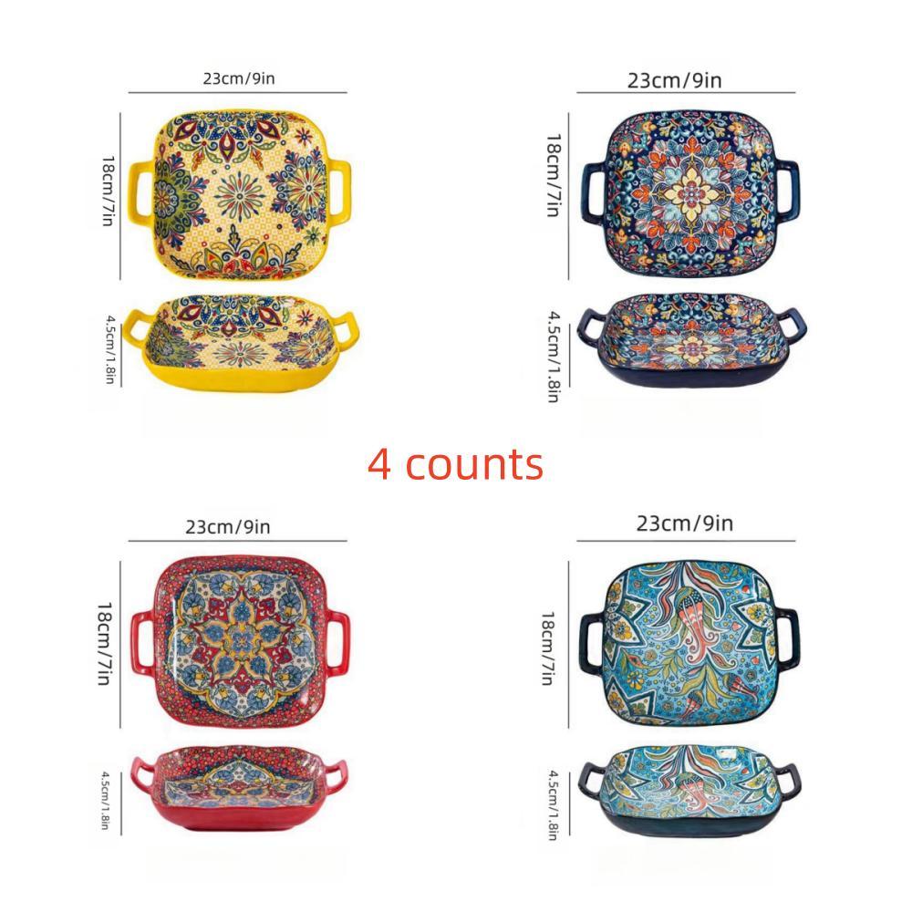 Bohemian Ceramic Square Serving Plates with Handle, 4 Counts/set Salad Plates for Home Kitchen and Dining Room Ceramics Plate #GLOBAL PICKS