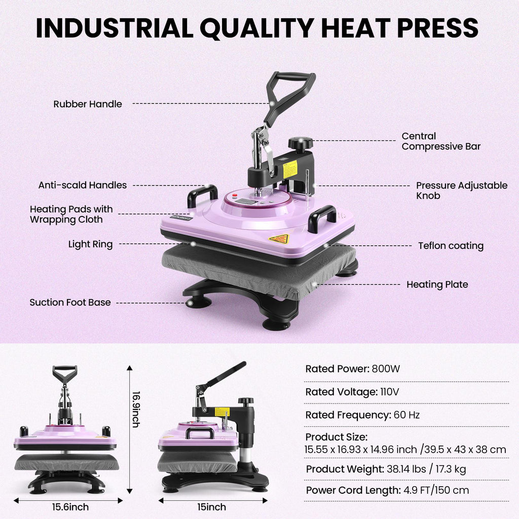 AKEYDIY Purple 5-in-1 Combo Heat Press Machine, 12" x 15" Industrial Swing Away with Digital LCD Control & Dual Tube, Sublimation Heat Transfer for Shirts/Mugs/Caps (DIY Supplies)