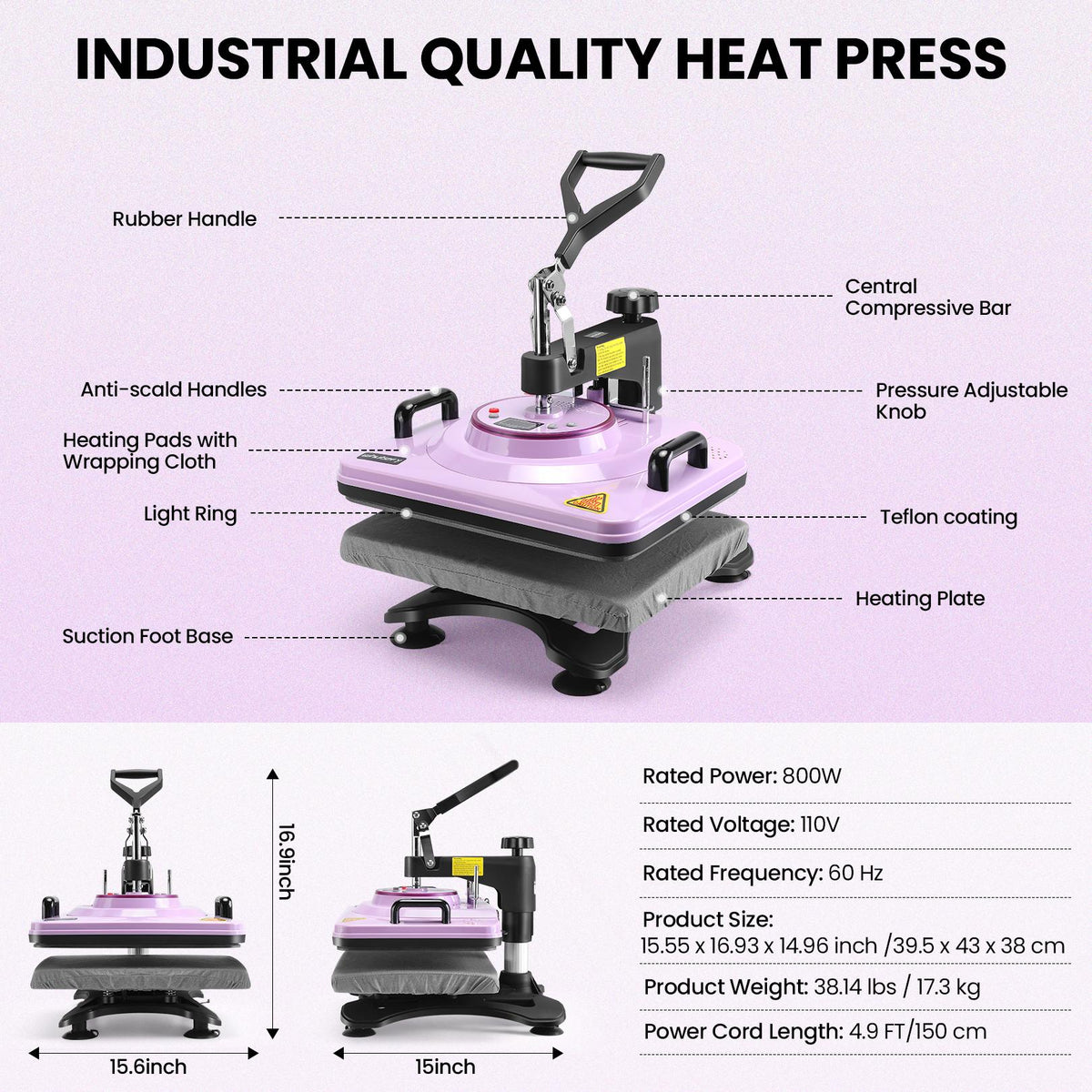 AKEYDIY Purple 5-in-1 Combo Heat Press Machine, 12" x 15" Industrial Swing Away with Digital LCD Control & Dual Tube, Sublimation Heat Transfer for Shirts/Mugs/Caps (DIY Supplies)