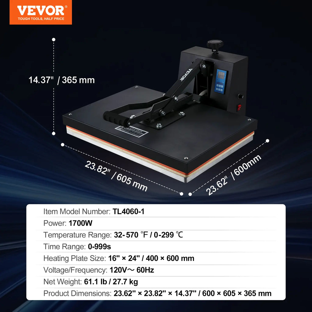 【toolupgrade】VEVOR 16x24 in 1700W Durable Heat Press Machine, Fast Heating, High Pressure, Adjustable, Multifunction Digital Industrial Sublimation Printer for T-Shirts, Bags, Fabrics, Easy to Use, Black