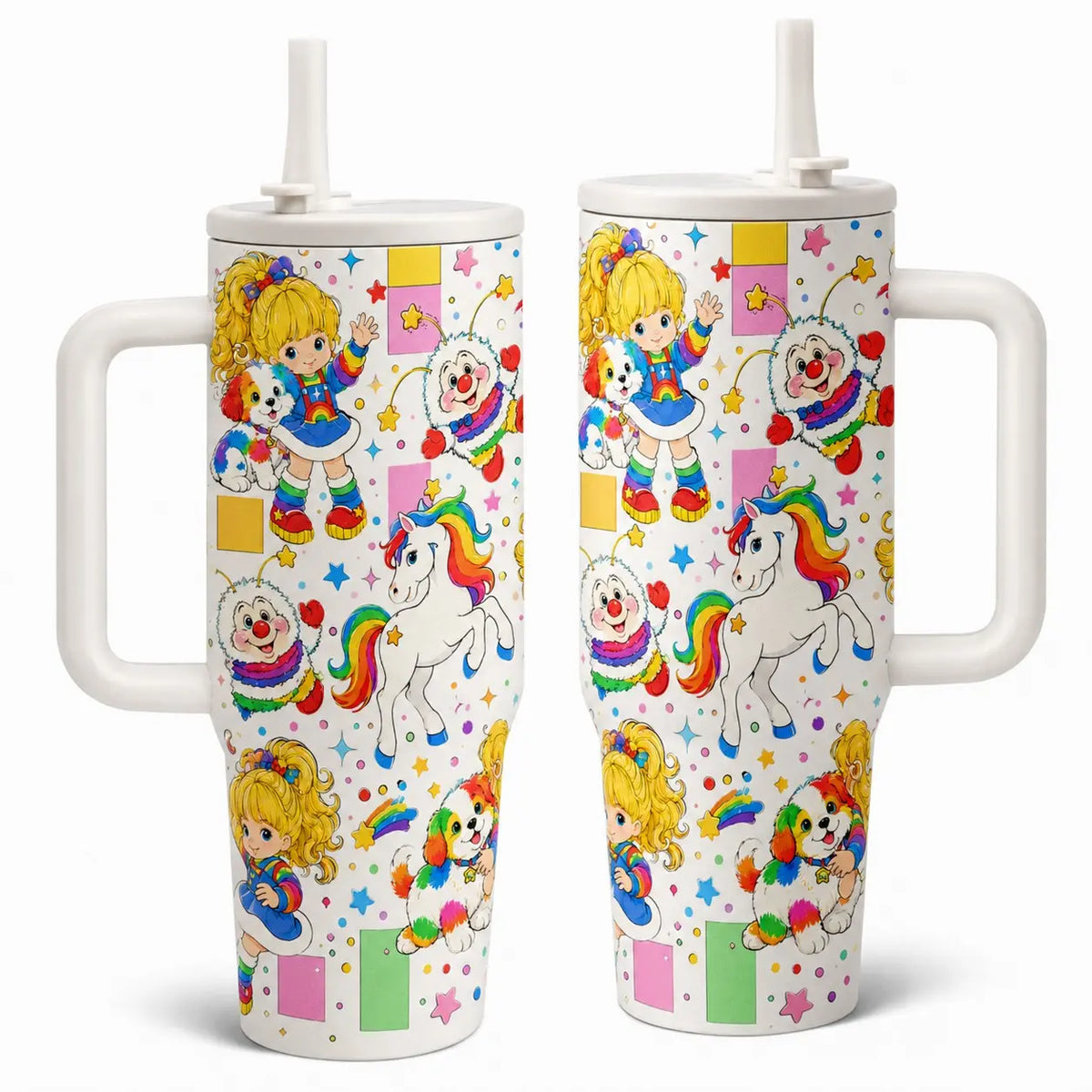 1pc 40oz Vintage Rainbow Brite Cartoon Insulated Drink Tumbler with Handle and Straw, Black Background 80s Retro Rainbow Pony Seamless Print Insulated Travel Mug, Drinkware Tumbler, Large Capacity Stainless Steel Water Cup for Nostalgic Fans Birth...