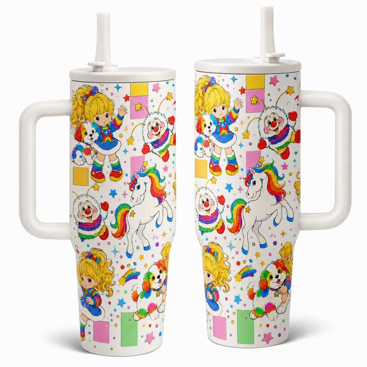 1pc 40oz Vintage Rainbow Brite Cartoon Insulated Drink Tumbler with Handle and Straw, Black Background 80s Retro Rainbow Pony Seamless Print Insulated Travel Mug, Drinkware Tumbler, Large Capacity Stainless Steel Water Cup for Nostalgic Fans Birth...