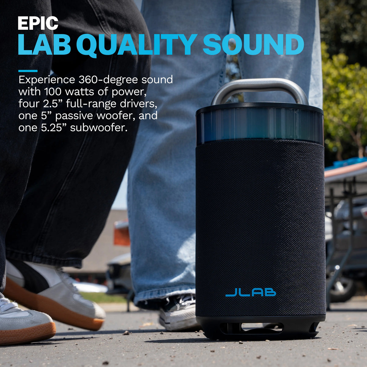 JLab Epic Party Portable 100W Bluetooth Speaker with 4 Drivers 16+ HR Playtime RGB Lighting IP56 Waterproof Lab Sync 3.5mm AUX USB-C Charging Audio Cable Handle