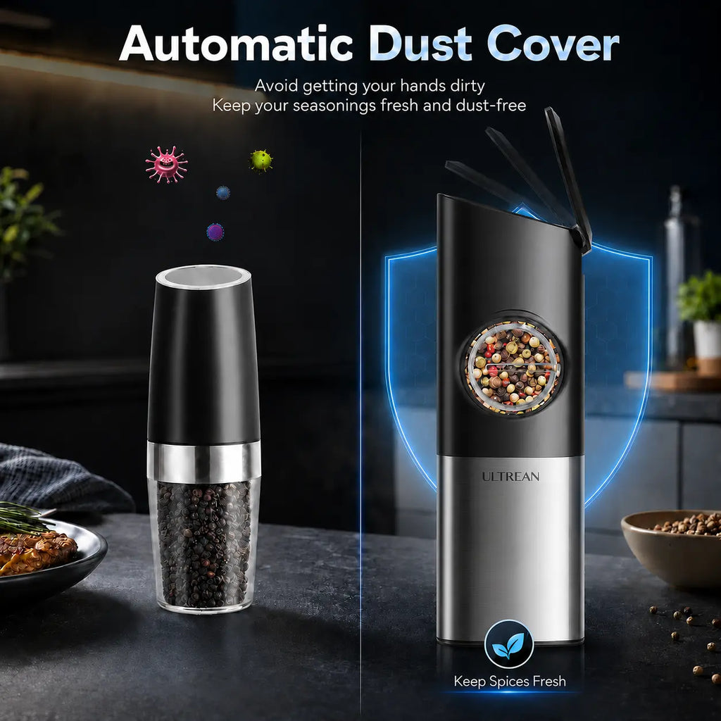 Ultrean 2pcs Sturdy Compact Rechargeable Electric Salt & Pepper Grinder Set, Stainless Steel Kitchen Seasoning Utensils for Everyday Use, Adjustable Coarseness, Auto Dust Lids, LED 1-Hand Operation