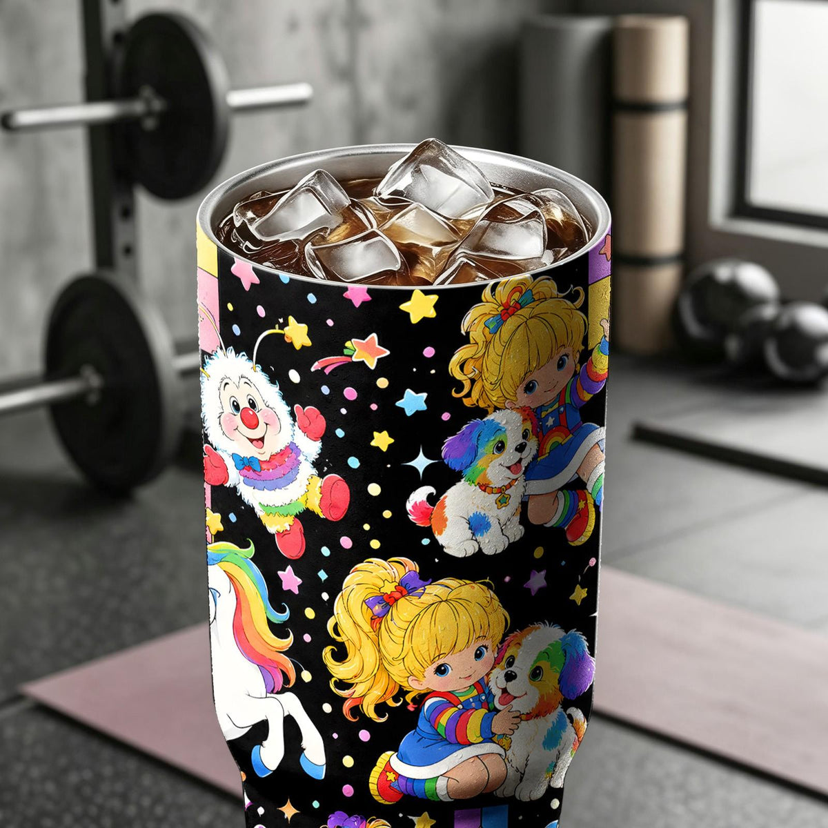 1pc 40oz Vintage Rainbow Brite Cartoon Insulated Drink Tumbler with Handle and Straw, Black Background 80s Retro Rainbow Pony Seamless Print Insulated Travel Mug, Drinkware Tumbler, Large Capacity Stainless Steel Water Cup for Nostalgic Fans Birth...