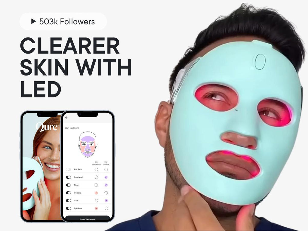 Qure LED Light Therapy Mask for Face - FDA Cleared for Wrinkles & Acne Treatment with 3 Modes, 5 Facial Areas & 5 Lights: Red, Deep-Red, Blue, Amber & Infrared, 3-Min Daily, Eye-Protection, Smart App