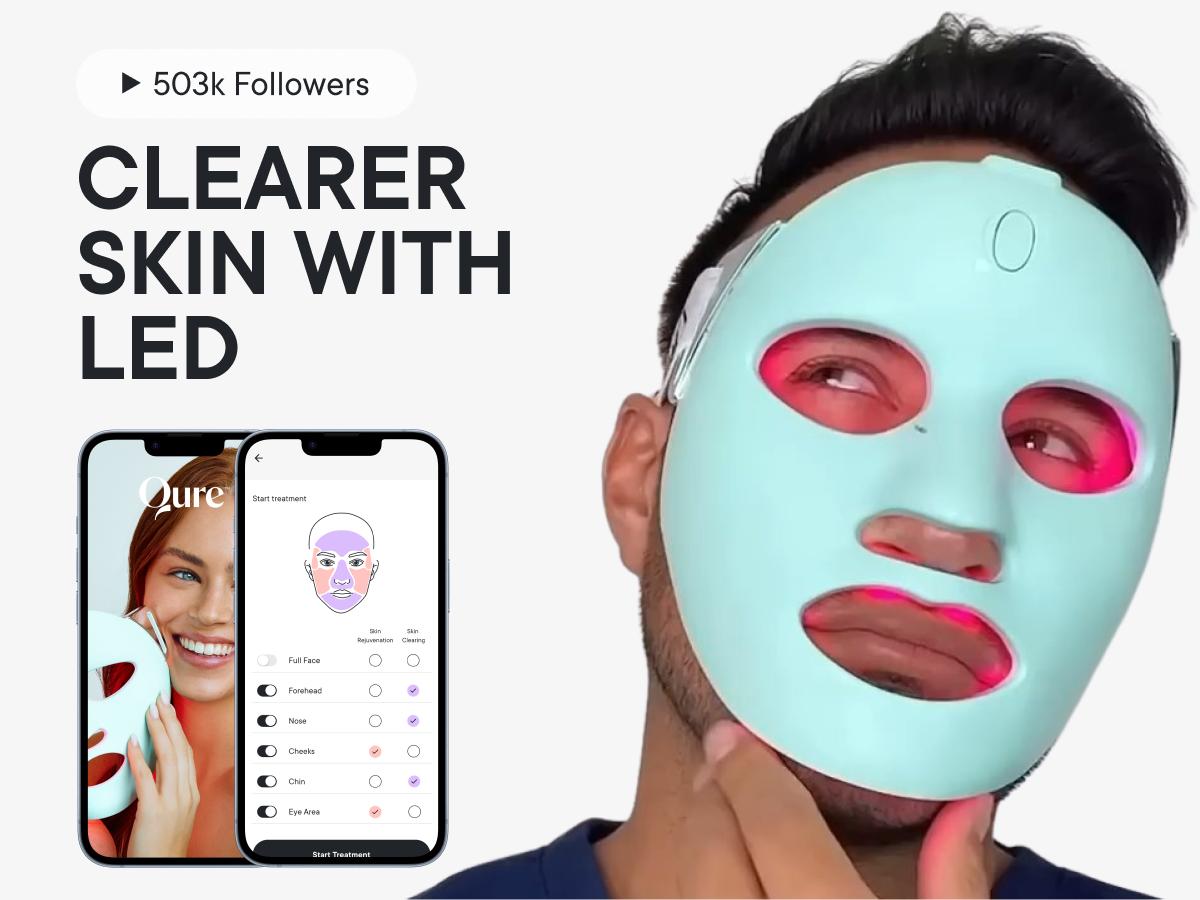 Qure LED Light Therapy Mask for Face - FDA Cleared for Wrinkles & Acne Treatment with 3 Modes, 5 Facial Areas & 5 Lights: Red, Deep-Red, Blue, Amber & Infrared, 3-Min Daily, Eye-Protection, Smart App