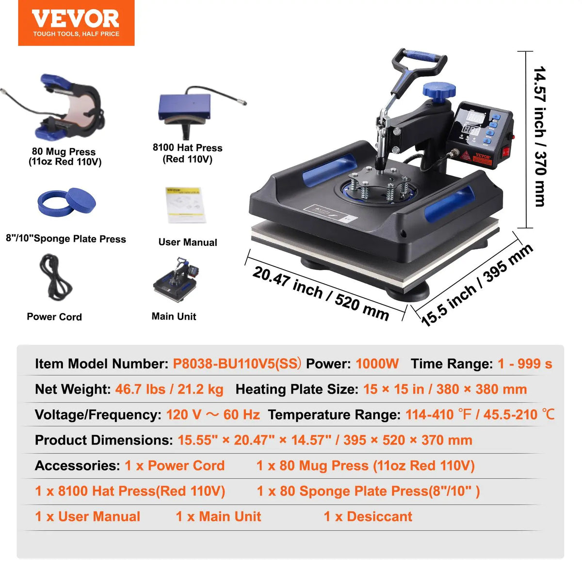 【Fallpicks】VEVOR Heat Press, 15x15in Swing Away 5 in 1 Heat Press Machine, Digital Control Multifunctional Device, Quick Heating with Safety Features, Ideal for T-shirts, Hats, Caps, Mugs, Plates