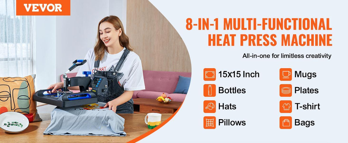 【Fallpicks】VEVOR 800W 15x15 Inch 8-in-1 Versatile Kit Heat Press Machine, 360° Rotation Swing-Away Design, Dual-Tube Heating Sublimation Iron for DIY T-Shirts, Aluminum Pots