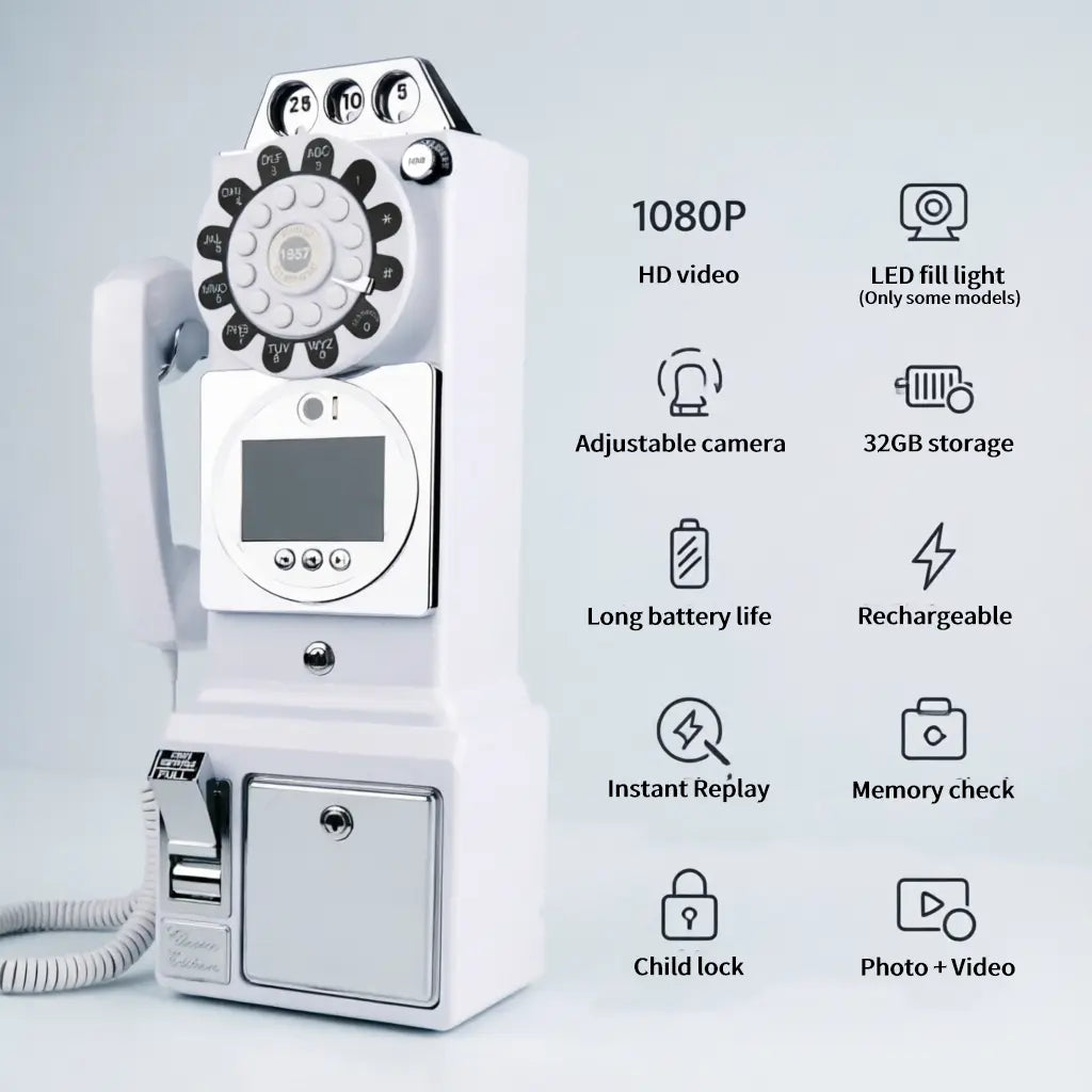 Retro Upright Phone Multifunction HD Recorder - 1080P HD, 32GB Customizable Storage, 5000mAh Rechargeable Battery, Photo-Video Dual Function, Instant Video Playback, Real-Time Memory Check, Ideal for Weddings, Birthdays, Parties