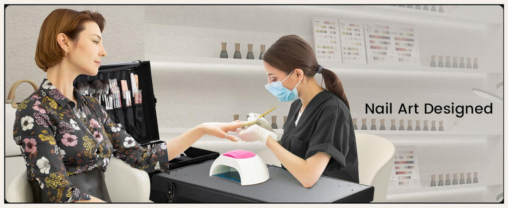 Rolling Manicure Table Foldable Nail Table Makeup Train Case on Wheels Cosmetic Trolley with 5 Drawers & Brush Pouch for Technician Workstation Salon