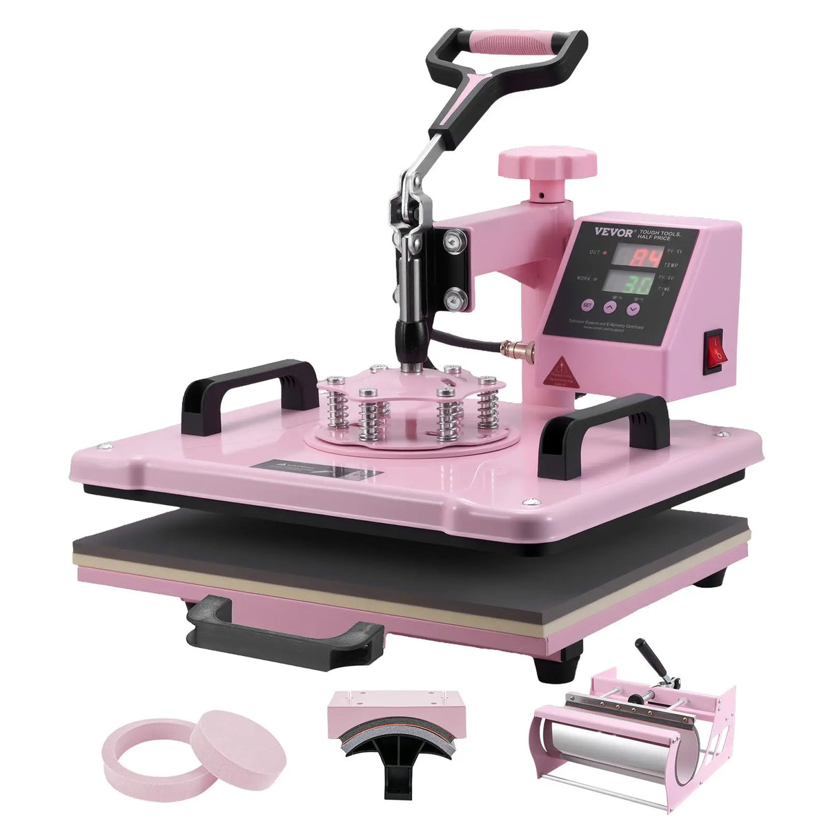 VEVOR Heat Press Machine, 12x 15 inch, 5 in 1 Heat Transfer Machine with 30 oz Tumbler Press, 360 Swing Away T-Shirt Pressing, Digital Precise Control, for T-Shirts/Mugs/Hats/Plates, Pink, 5-In-1 Combo