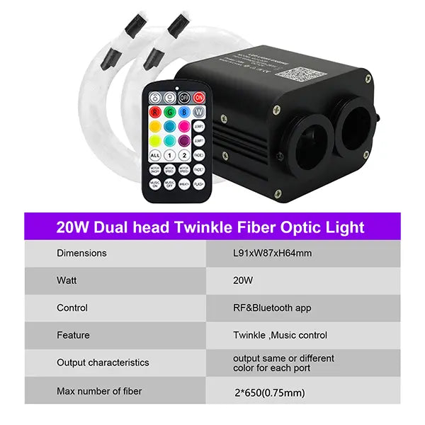 20W Power Starlight Car Headliner Ceiling Light Kit - Dual Port PMMA Cable Fiber Optic, APP Control Car Interior Atmosphere & Ceiling Decoration Light, Sound Sync
