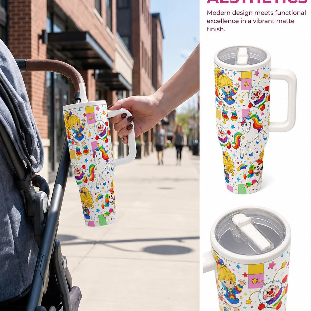 1pc 40oz Vintage Rainbow Brite Cartoon Insulated Drink Tumbler with Handle and Straw, Black Background 80s Retro Rainbow Pony Seamless Print Insulated Travel Mug, Drinkware Tumbler, Large Capacity Stainless Steel Water Cup for Nostalgic Fans Birth...