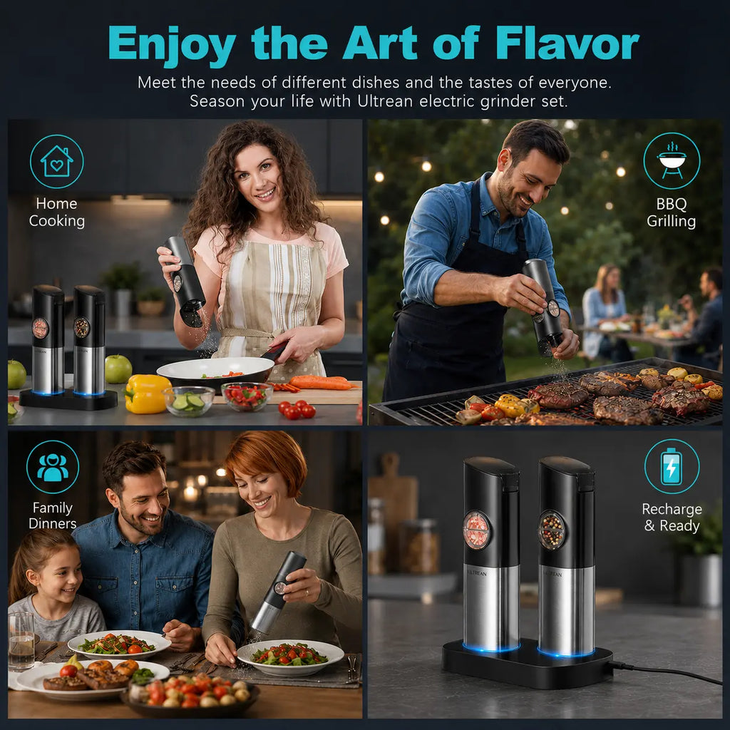 Ultrean 2pcs Sturdy Compact Rechargeable Electric Salt & Pepper Grinder Set, Stainless Steel Kitchen Seasoning Utensils for Everyday Use, Adjustable Coarseness, Auto Dust Lids, LED 1-Hand Operation