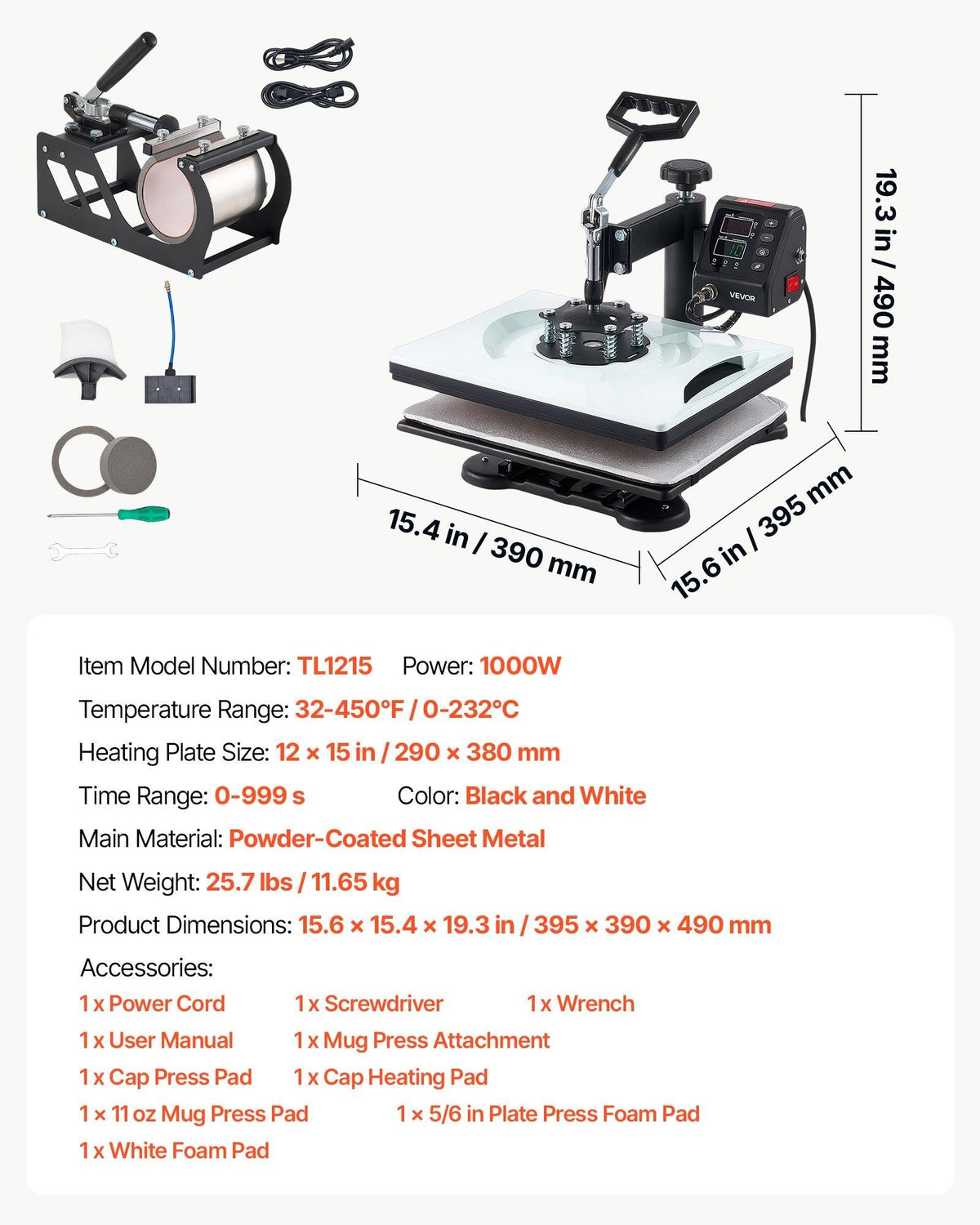 VEVOR 5-in-1 Combo Heat Press Machine, 12x15in Sublimation Press, Fast & Even Heating, Digital Control, Precise Temp & Time Settings, Multi-Function Tool Kit for T-Shirts, Mugs, Caps